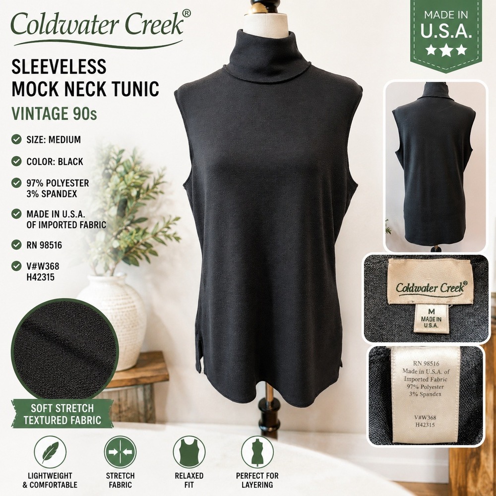 Coldwater Creek Vintage 90s Sleeveless Mock Neck Tunic Black Medium W368 H42315